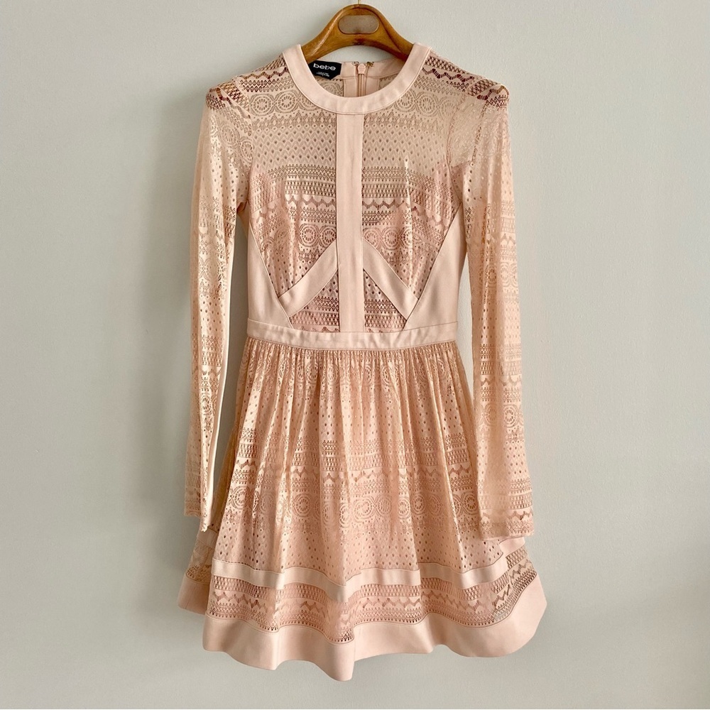 Bebe Soft Pink Lace Fit & Flare Long Sleeve Dress Size 2
